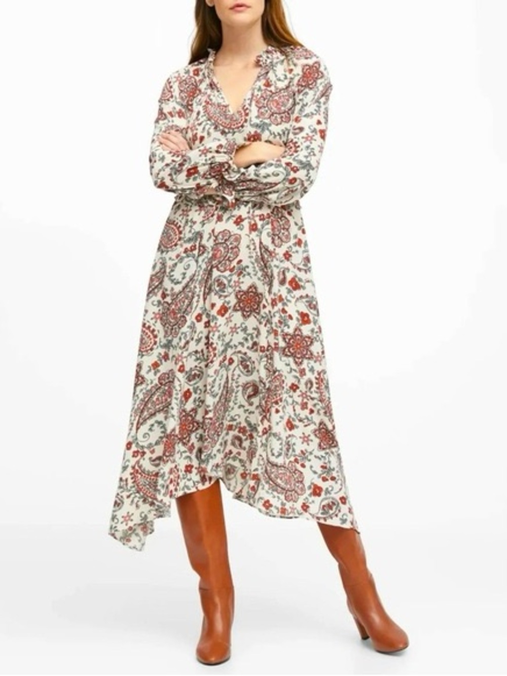 NWT $159 Banana Republic Long-Sleeve Peasant Midi Dress 0P Petite Floral Paisley